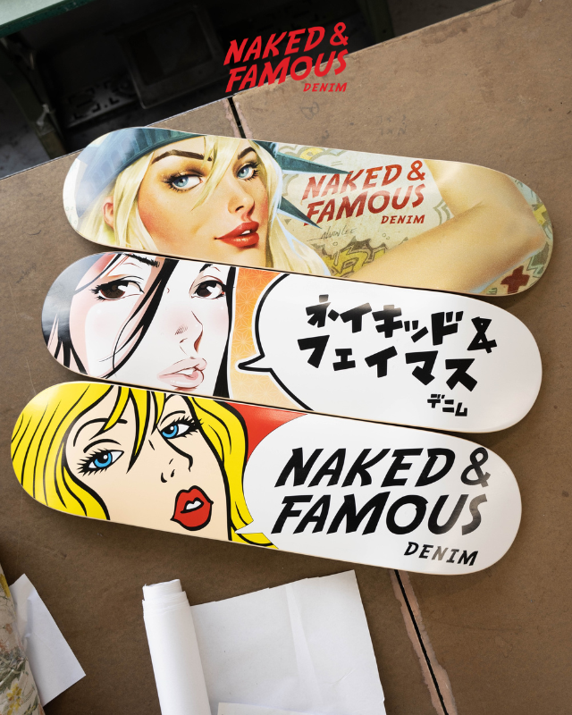Three Naked & Famous Denim skateboard decks made in Canada